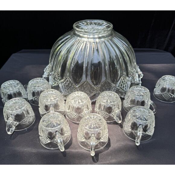 Gorgeous Antique DUNCAN & MILLER GLASS CO. No. 52 Punch Bowl & 11 Cups 1896-1910 - Picture 10 of 12